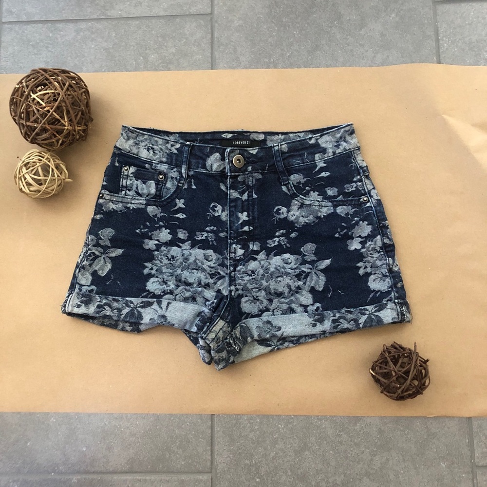 Floral high waisted print denim shorts